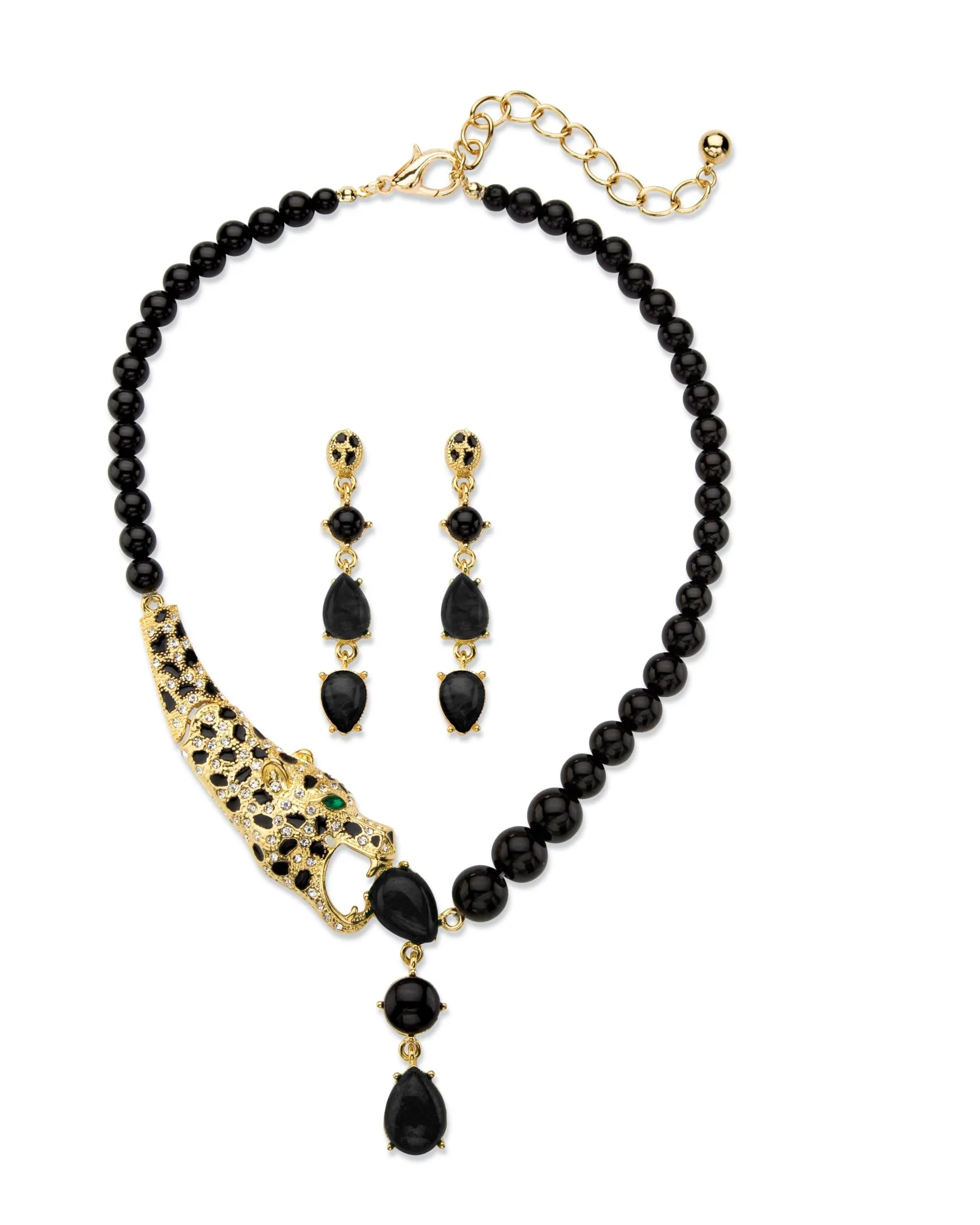 .30 Cttw. Genuine Onyx and Simulated Gemstone Goldtone Leopard Necklace Set | Black