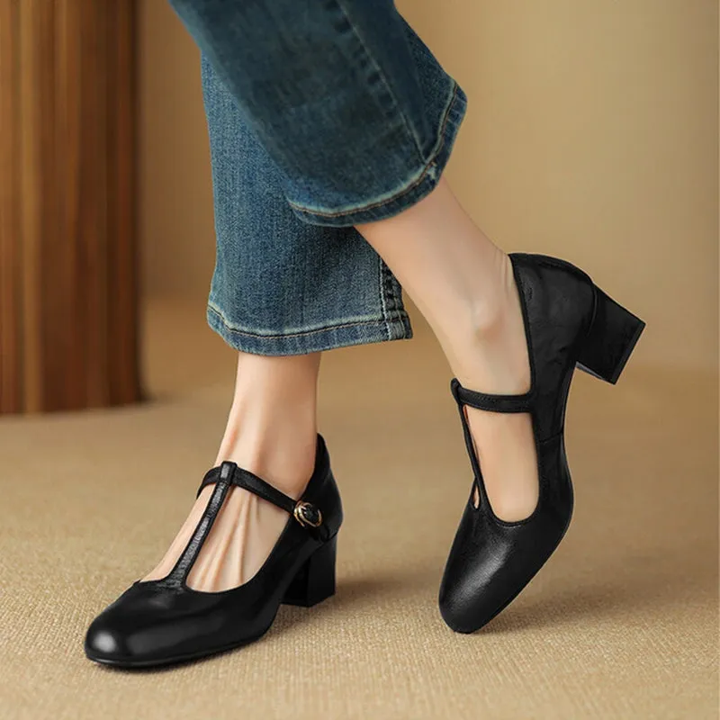 55mm Block Heel Leather Mary Jane T-strap Shoes in Black/Brown