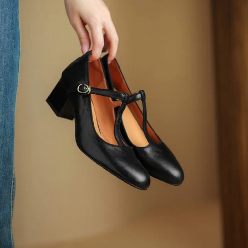 55mm Block Heel Leather Mary Jane T-strap Shoes in Black/Brown