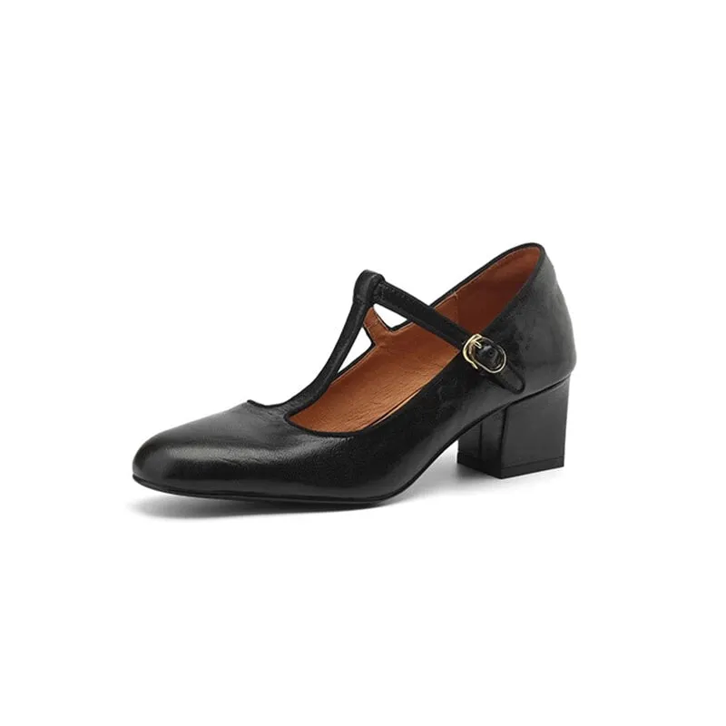 55mm Block Heel Leather Mary Jane T-strap Shoes in Black/Brown