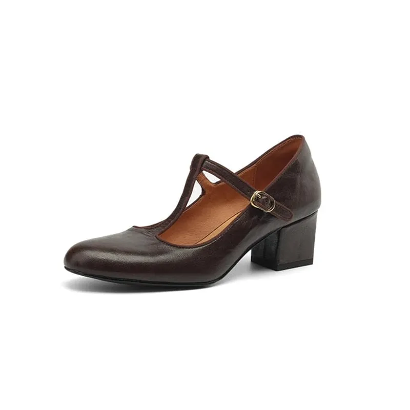 55mm Block Heel Leather Mary Jane T-strap Shoes in Black/Brown