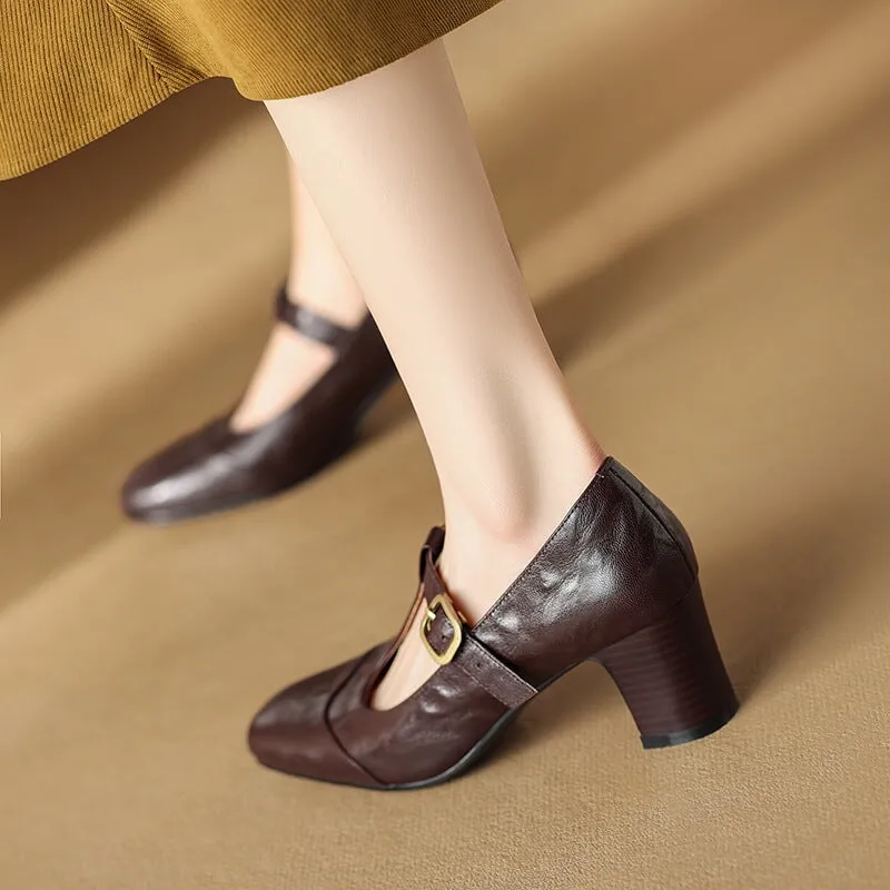 60mm Block Heel Cap Toe Leather Mary Jane T-strap Shoes in Black/Brown