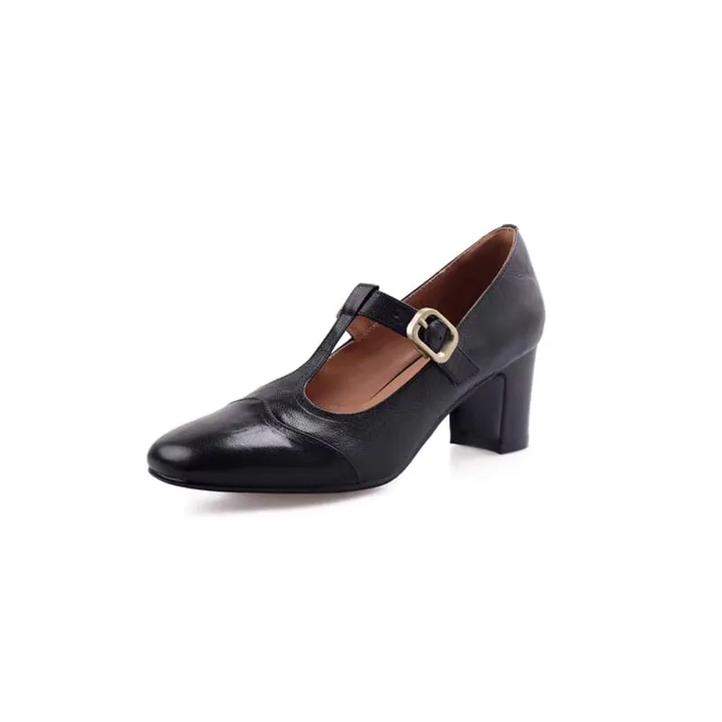 60mm Block Heel Cap Toe Leather Mary Jane T-strap Shoes in Black/Brown