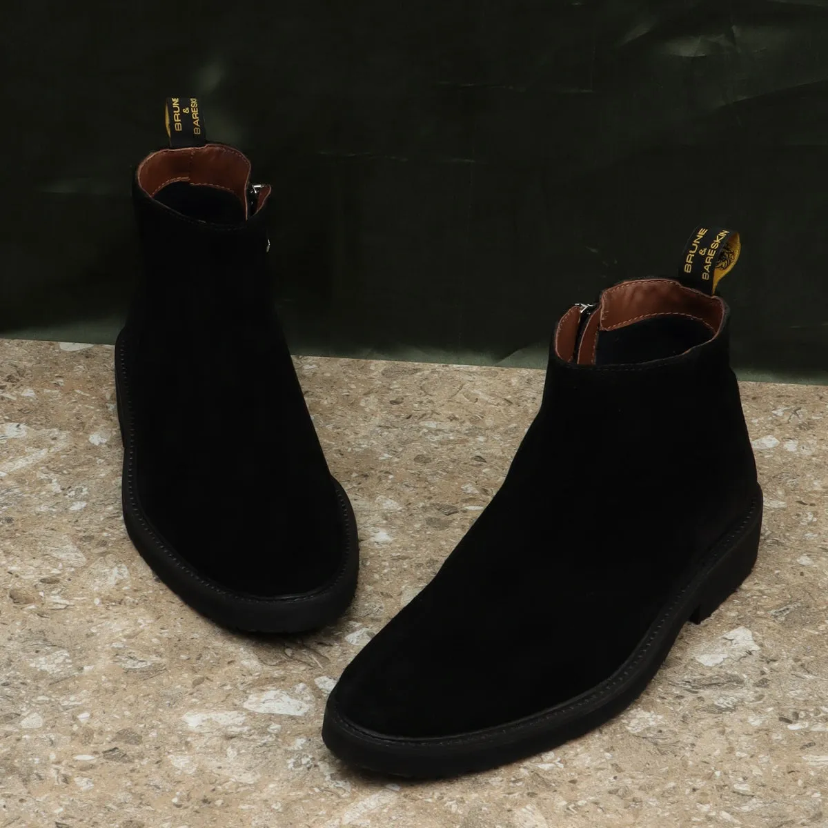 Black Suede Leather Round toe Men's Boot with Zip Closure By Brune & Bareskin