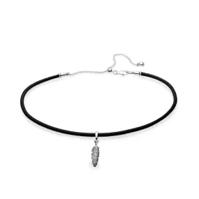 Feather pendant and choker with black leather and clear cubic zirconia