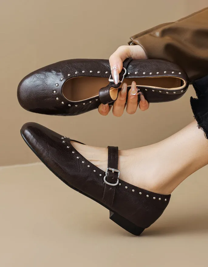 Handmade Sheepskin Front Rivet Single Buckle Mary Jane Shoes