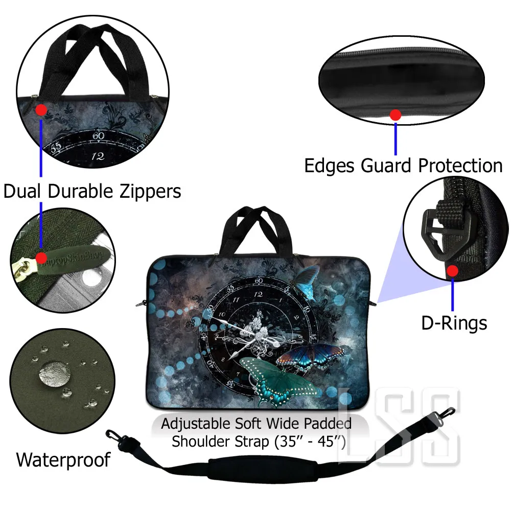 Laptop Notebook Sleeve Carrying Case with Carry Handle and Shoulder Strap - Clock Butterfly Time