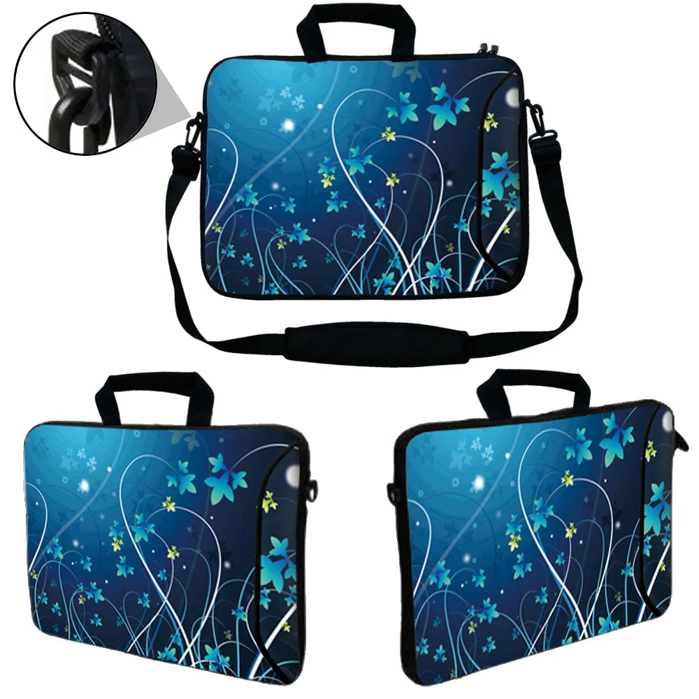 Laptop Sleeve Carrying Case with Large Side Pocket for Accessories and Removable Shoulder Strap - Blue Swirl Mid Summer Night Floral