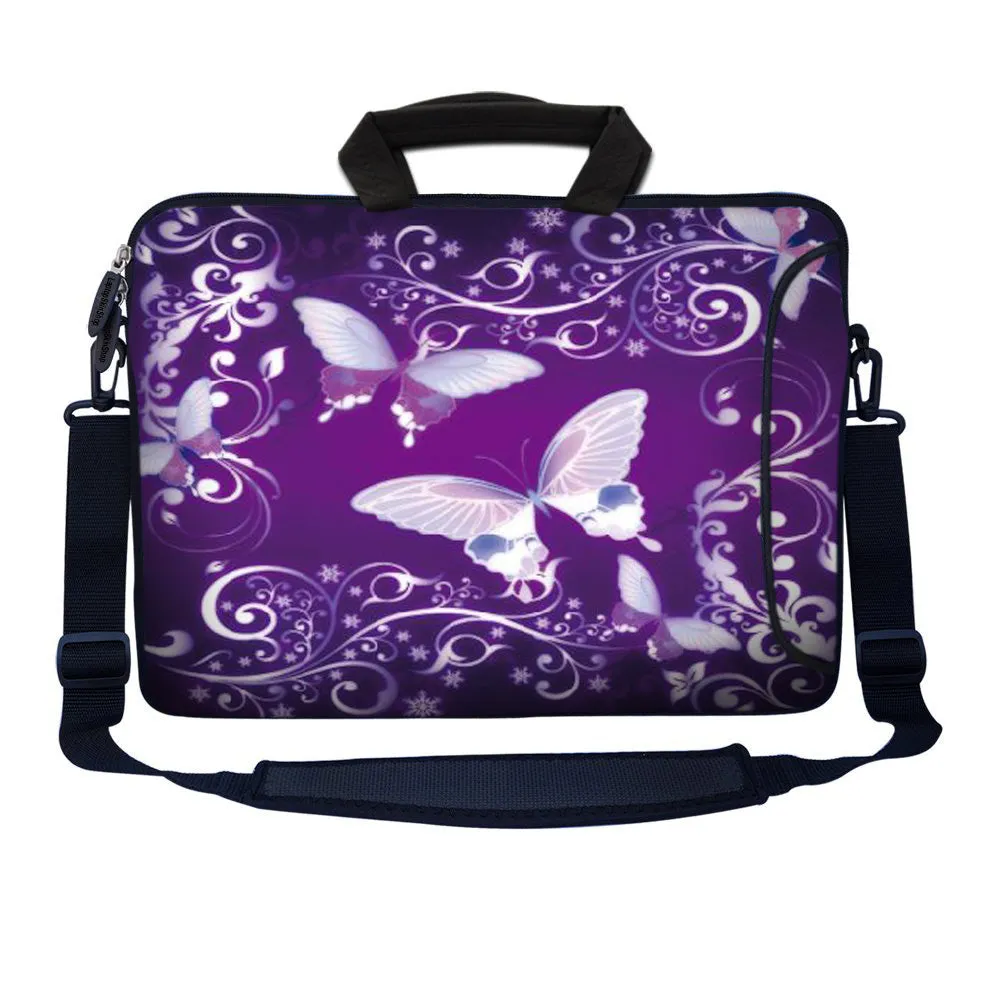 Laptop Sleeve Carrying Case with Large Side Pocket for Accessories and Removable Shoulder Strap - Purple Butterfly