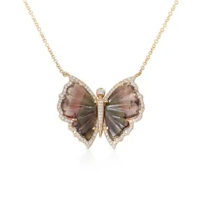 LARGE WATERMELON TOURMALINE AND DIAMOND BUTTERFLY NECKLACE