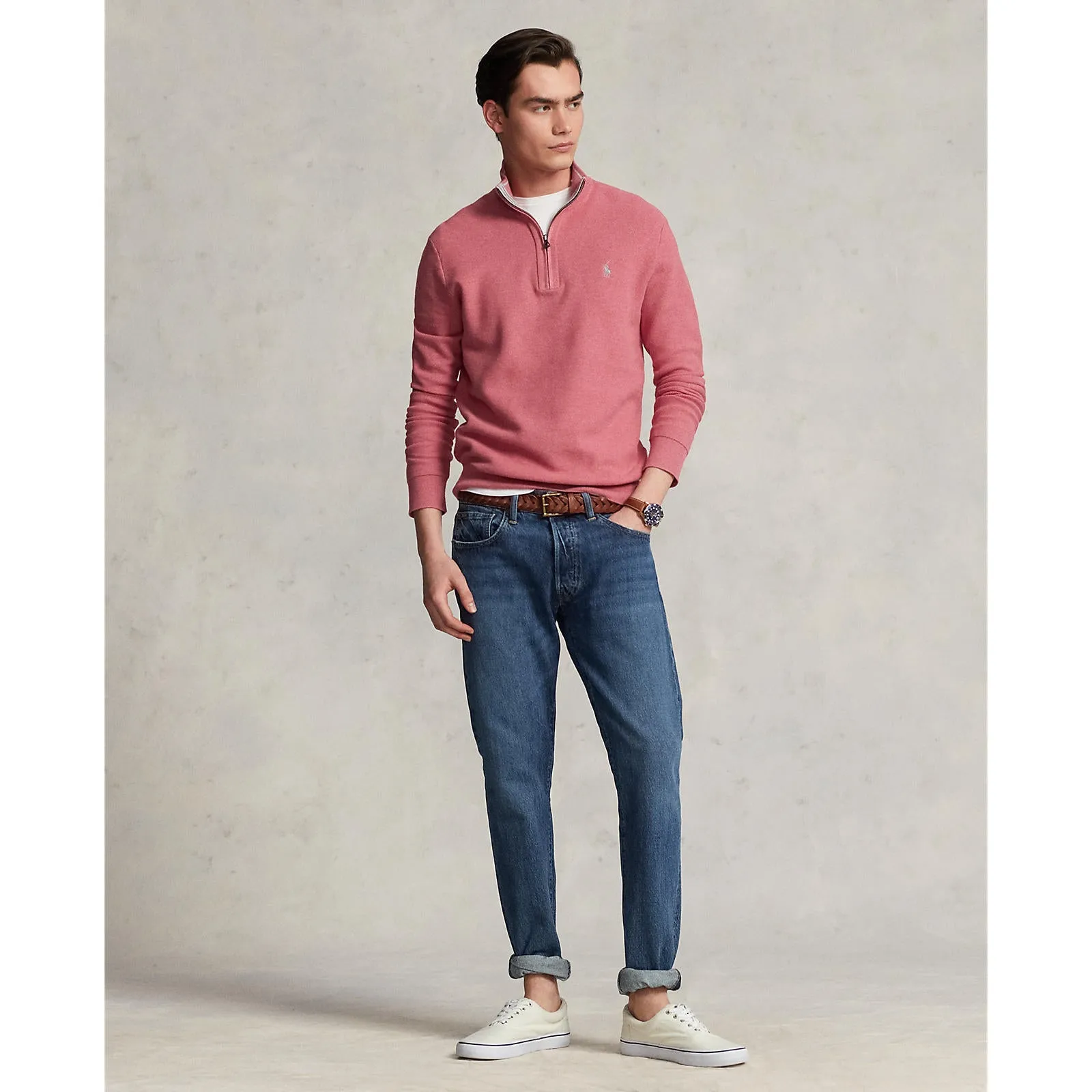 Mesh-Knit Cotton Quarter-Zip Sweater - Red Sky Heather