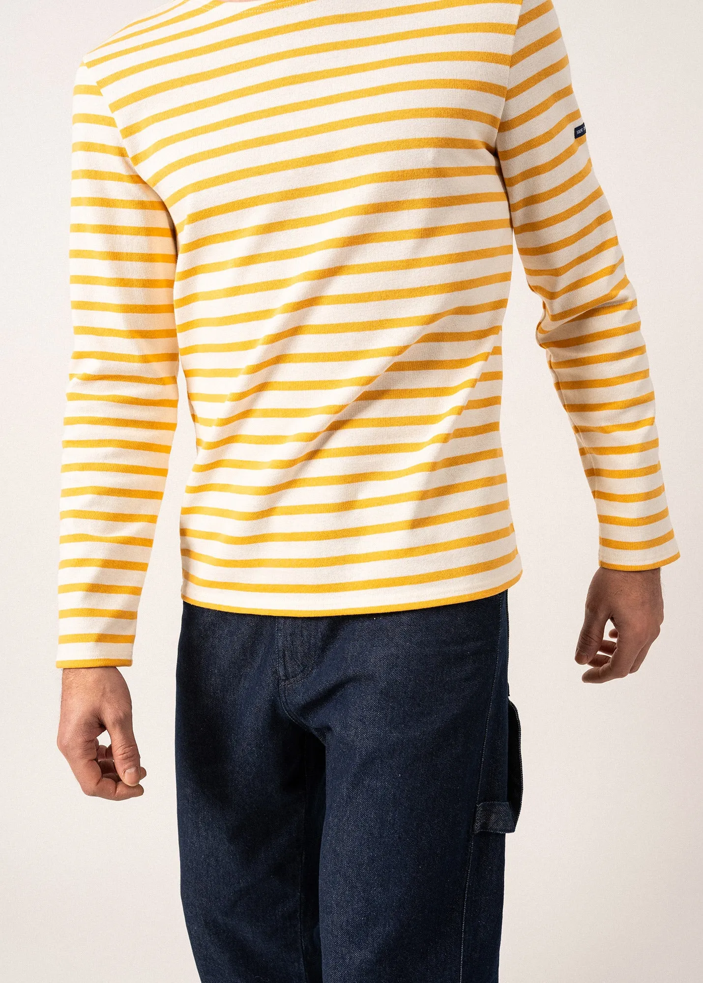 Méridien iconic sailor striped shirt with plain elbow patches - in thick cotton jersey (ECUME/AMBRE/MARINE)