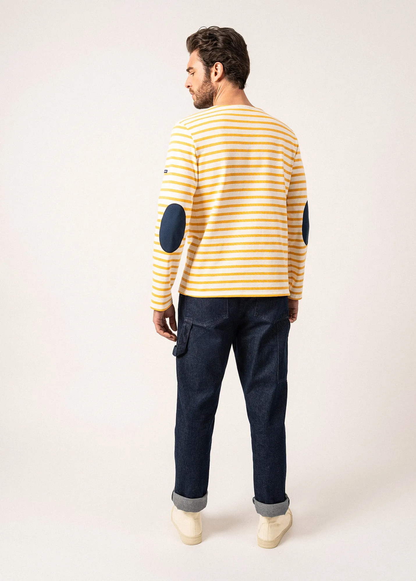 Méridien iconic sailor striped shirt with plain elbow patches - in thick cotton jersey (ECUME/AMBRE/MARINE)