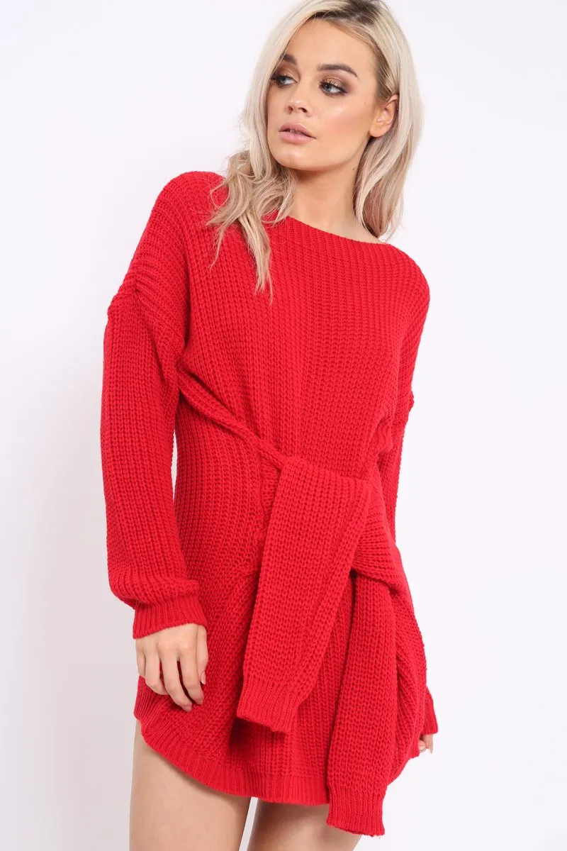 Red Tie Front Knitted Jumper Dress - Harley