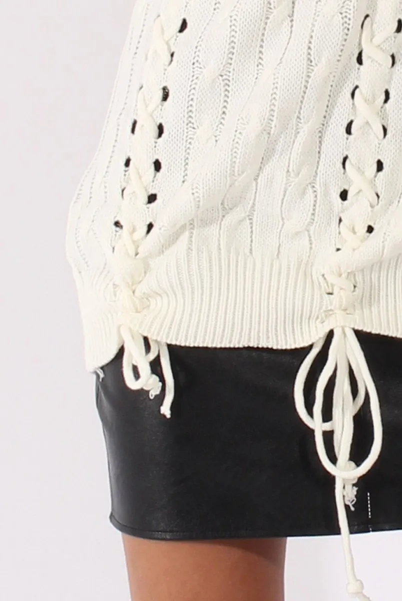 White Knitted Lace Up Detail Sweater - Yazz