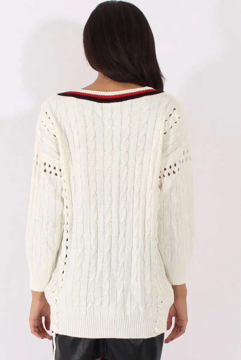 White Knitted Lace Up Detail Sweater - Yazz