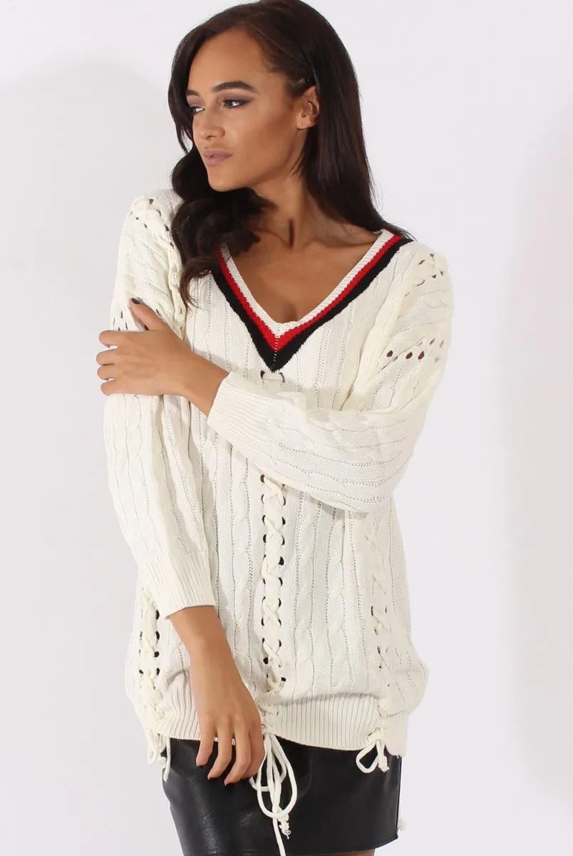 White Knitted Lace Up Detail Sweater - Yazz