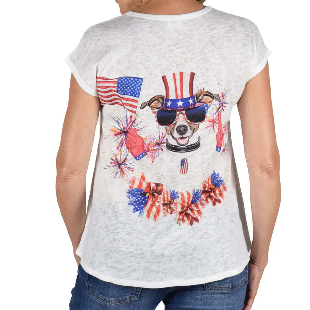 Women's Made in USA Cap Sleeve Patriotic Dog Top